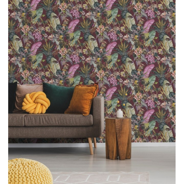 Papel pintado tropical de cebras jirafas loros y peces - Indira Exotic 684790