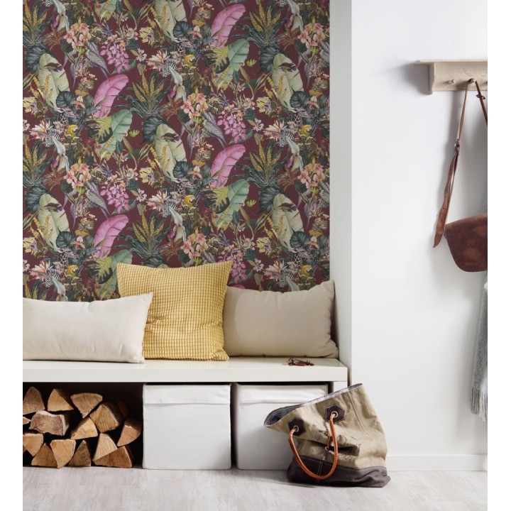 Papel pintado tropical de cebras jirafas loros y peces - Indira Exotic 684790