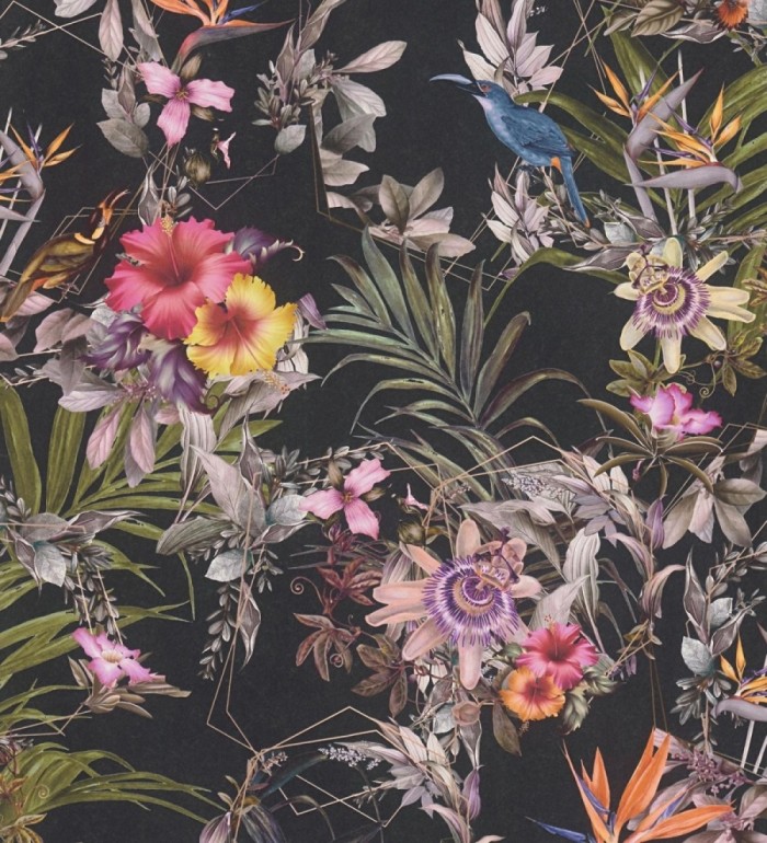 Papel pintado de flores tropicales y aves exóticas con diseño de selva densa - Zekko Savage 684791