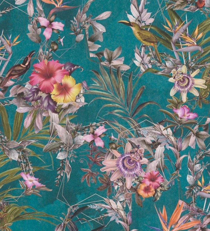 Papel pintado de flores tropicales y aves exóticas con diseño de selva densa - Zekko Savage 684793