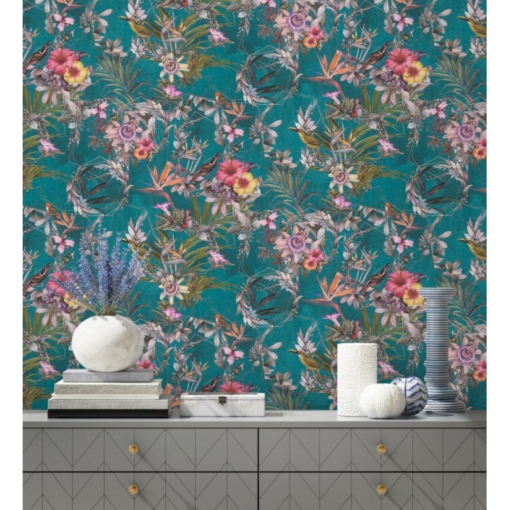Papel pintado de flores tropicales y aves exóticas con diseño de selva densa - Zekko Savage 684793