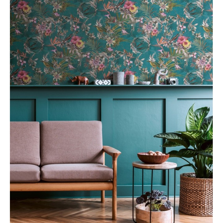 Papel pintado de flores tropicales y aves exóticas con diseño de selva densa - Zekko Savage 684793