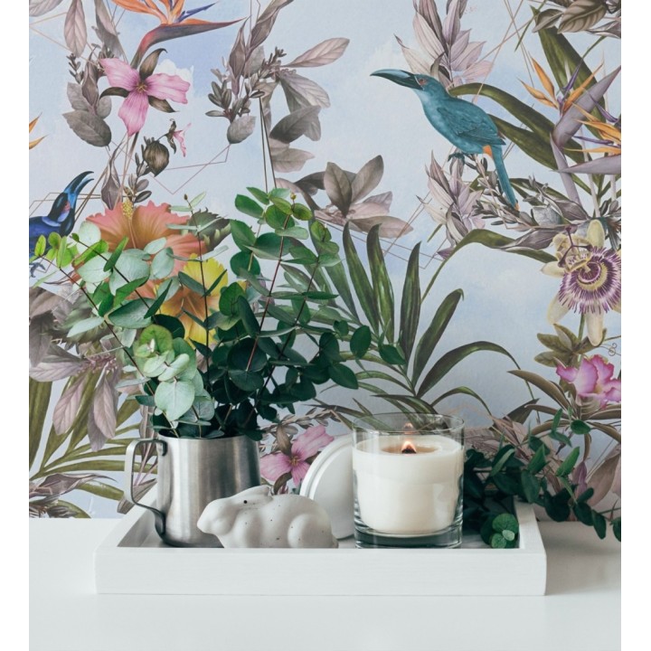Papel pintado de flores tropicales y aves exóticas con diseño de selva densa - Zekko Savage 684794