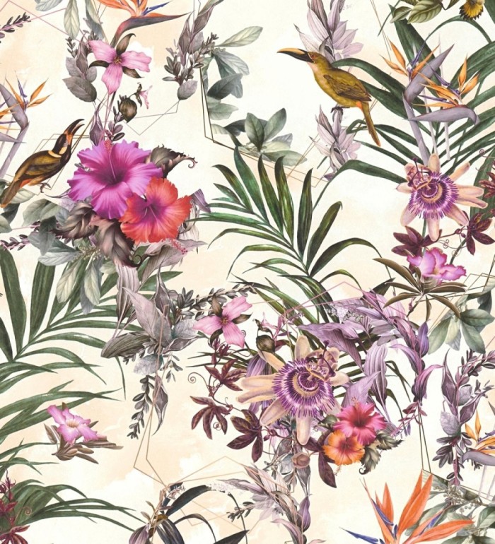 Papel pintado de flores tropicales y aves exóticas con diseño de selva densa - Zekko Savage 684796
