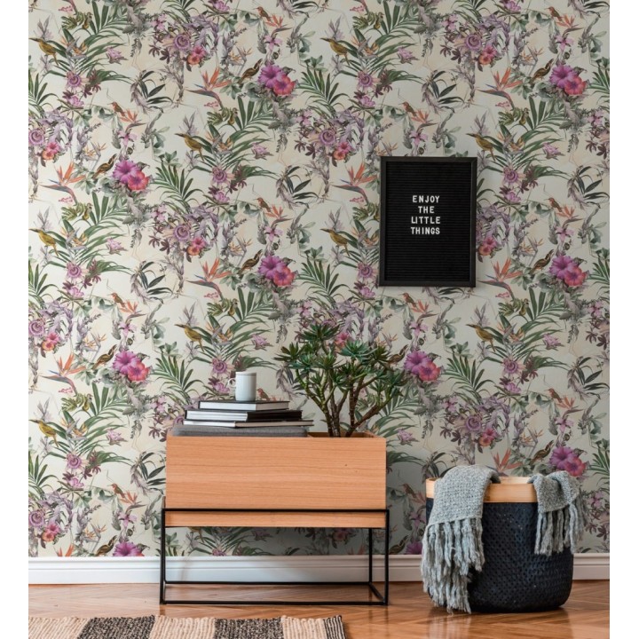 Papel pintado de flores tropicales y aves exóticas con diseño de selva densa - Zekko Savage 684796