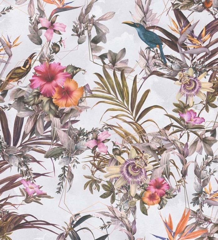 Papel pintado de flores tropicales y aves exóticas con diseño de selva densa - Zekko Savage 684797