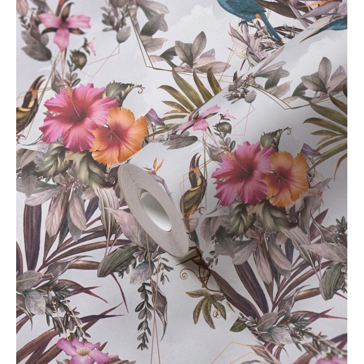 Papel pintado de flores tropicales y aves exóticas con diseño de selva densa - Zekko Savage 684797