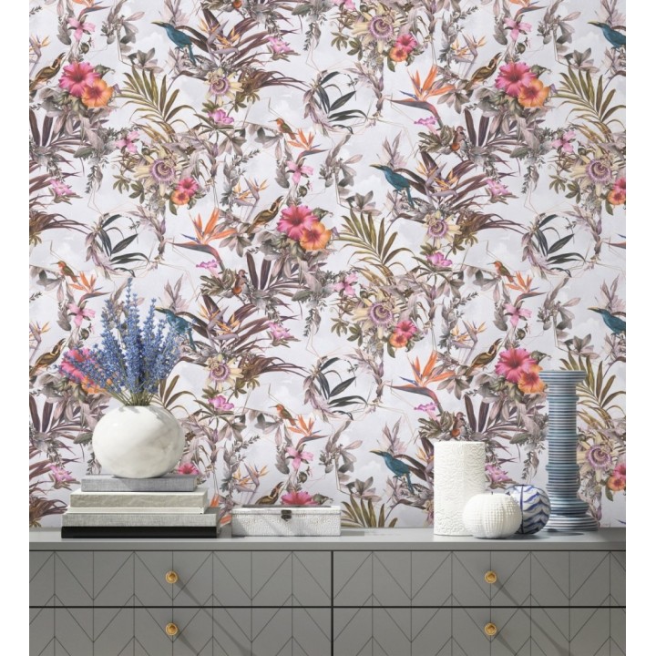Papel pintado de flores tropicales y aves exóticas con diseño de selva densa - Zekko Savage 684797