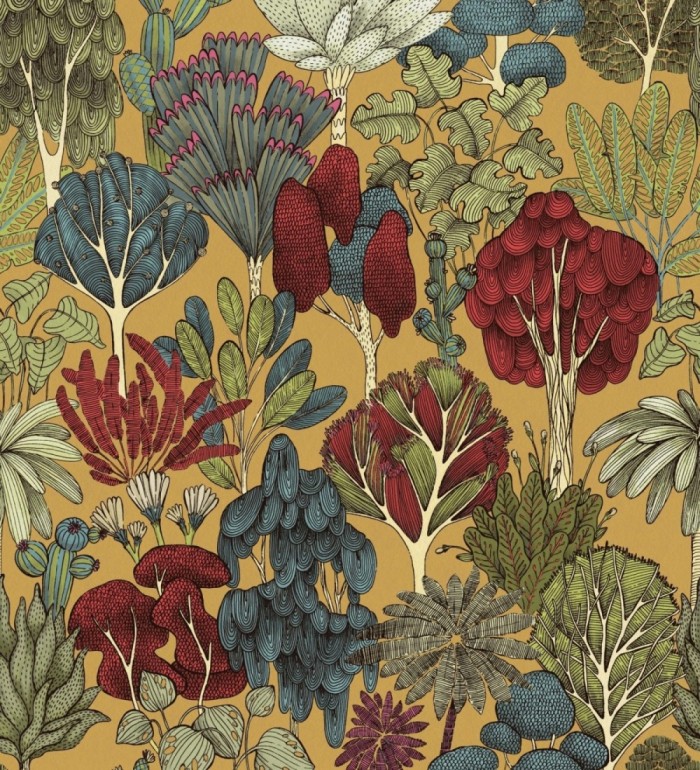 Papel pintado jardín botánico vintage fondo amarillo mostaza - Ananya Foliage 684803