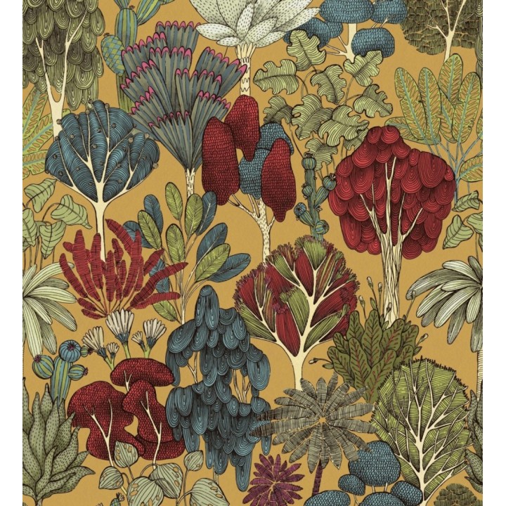 Papel pintado jardín botánico vintage fondo amarillo mostaza - Ananya Foliage 684803