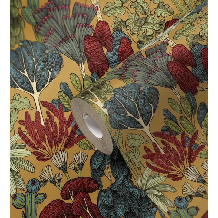 Papel pintado jardín botánico vintage fondo amarillo mostaza - Ananya Foliage 684803