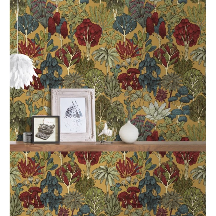 Papel pintado jardín botánico vintage fondo amarillo mostaza - Ananya Foliage 684803