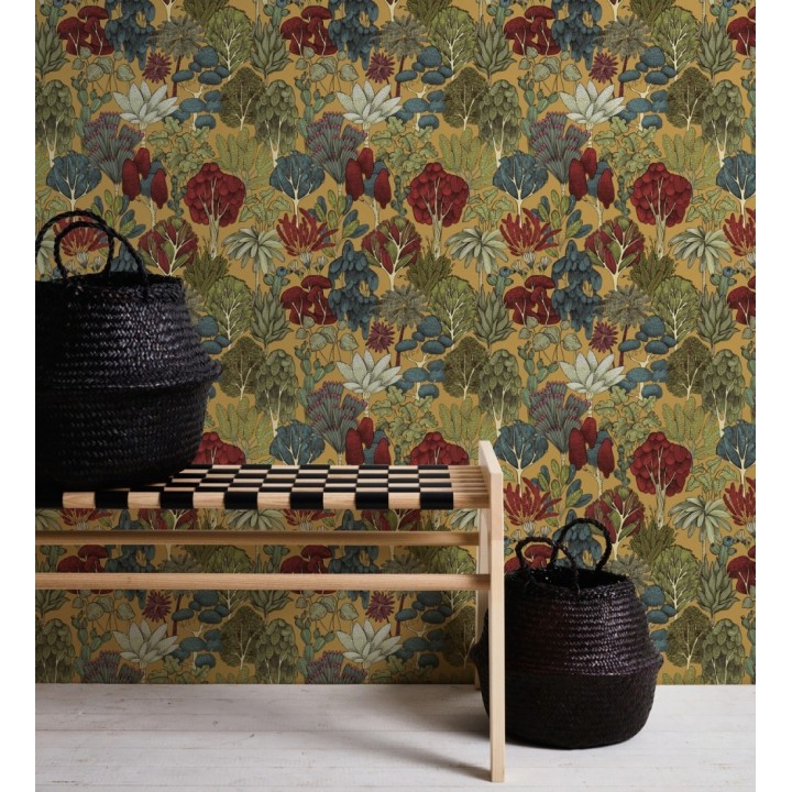 Papel pintado jardín botánico vintage fondo amarillo mostaza - Ananya Foliage 684803