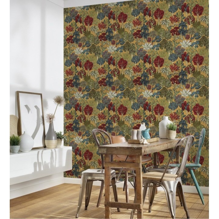 Papel pintado jardín botánico vintage fondo amarillo mostaza - Ananya Foliage 684803