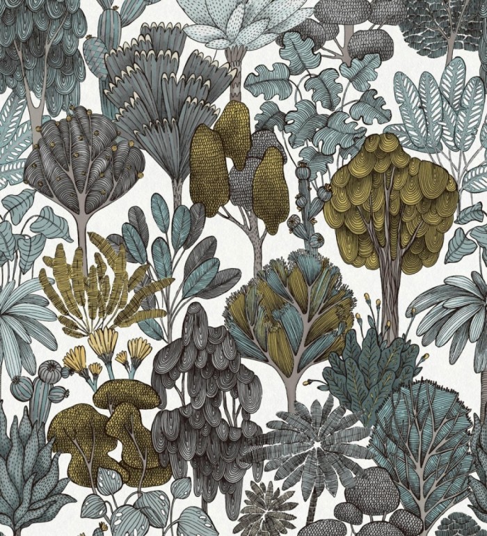 Papel pintado jardín botánico vintage fondo blanco nácar - Ananya Foliage 684805