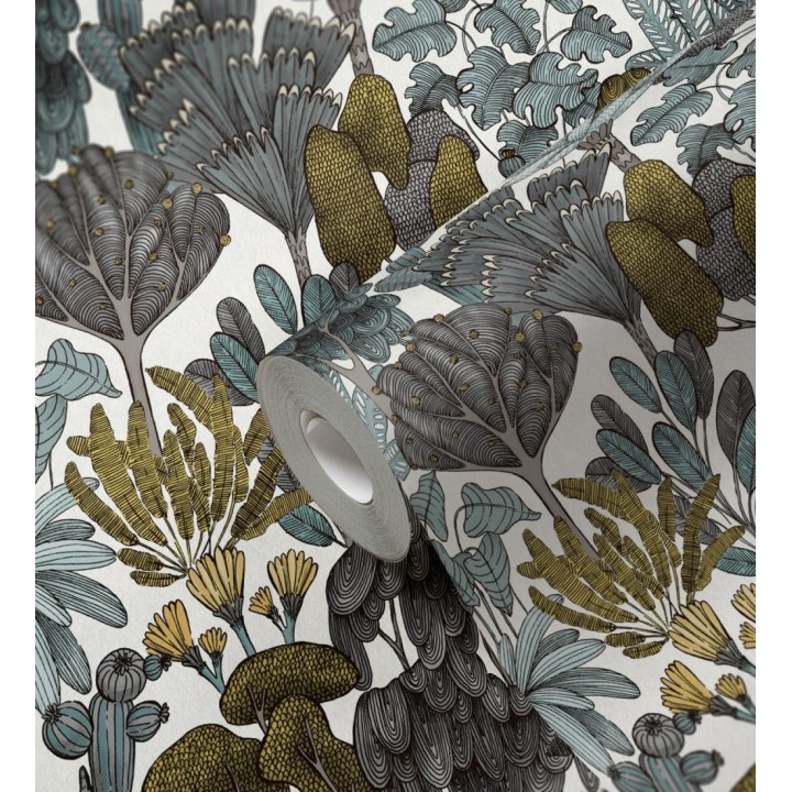 Papel pintado jardín botánico vintage fondo blanco nácar - Ananya Foliage 684805