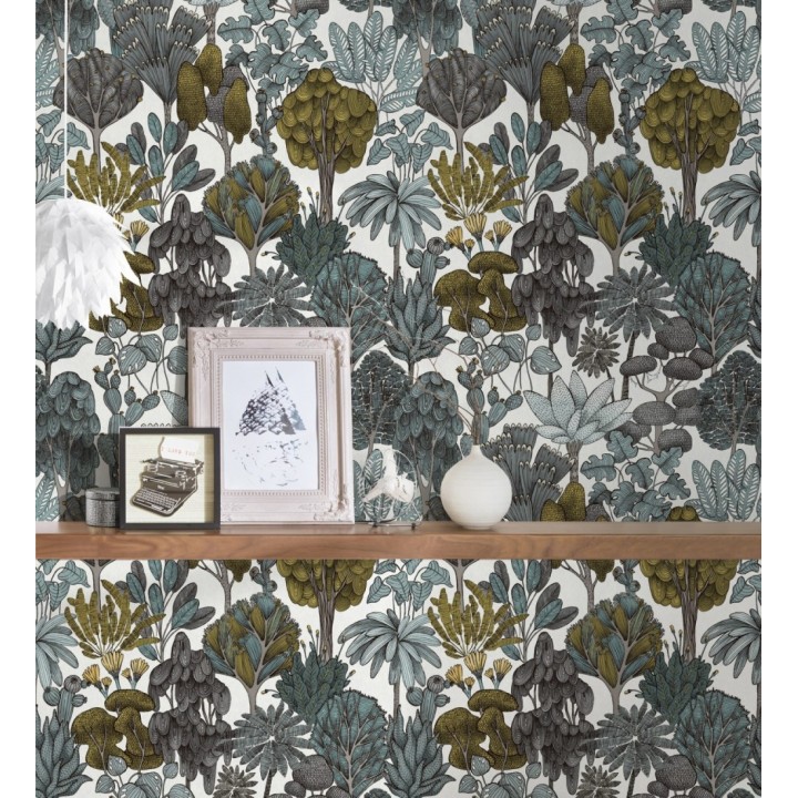 Papel pintado jardín botánico vintage fondo blanco nácar - Ananya Foliage 684805