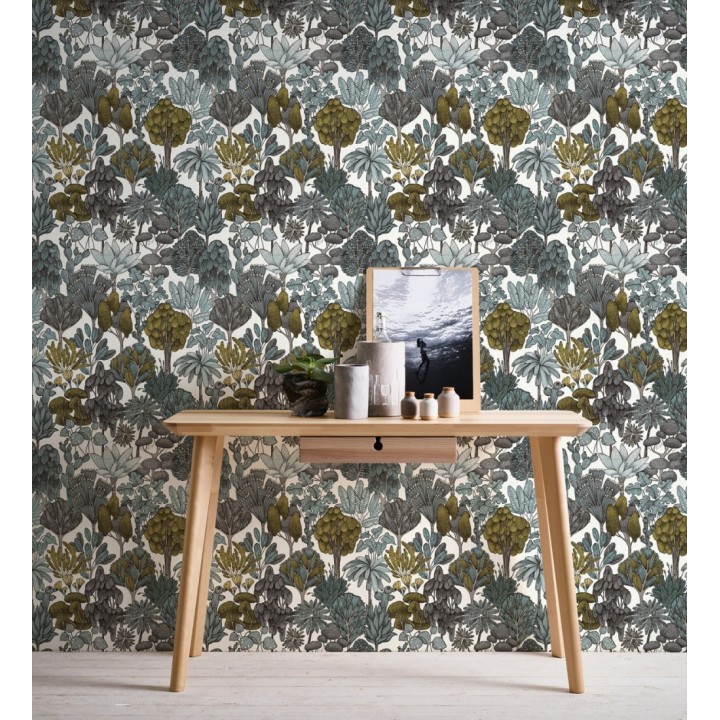 Papel pintado jardín botánico vintage fondo blanco nácar - Ananya Foliage 684805