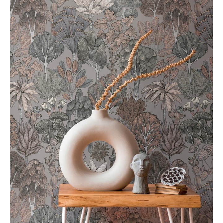 Papel pintado jardín botánico vintage fondo gris cálido - Ananya Foliage 684806