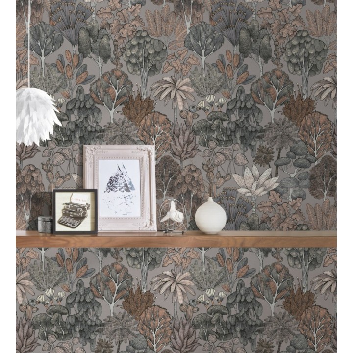 Papel pintado jardín botánico vintage fondo gris cálido - Ananya Foliage 684806