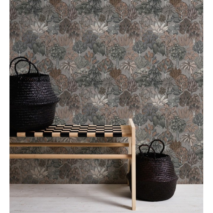 Papel pintado jardín botánico vintage fondo gris cálido - Ananya Foliage 684806