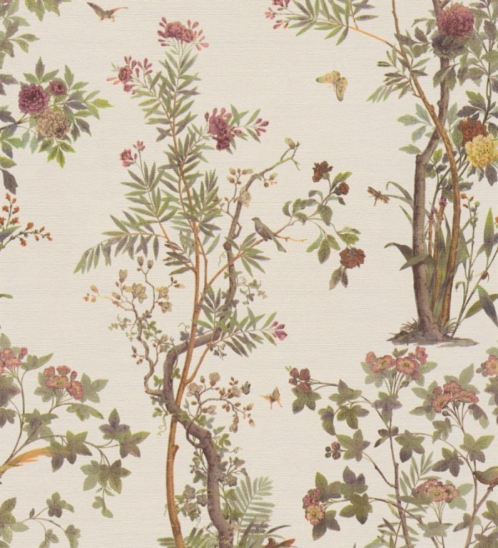 Papel pintado árboles y pájaros fondo textura textil nácar - Zalaya Etude 684810