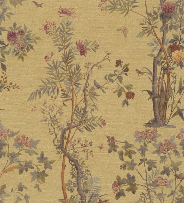 Papel pintado árboles y pájaros fondo textura textil oro - Zalaya Etude 684811