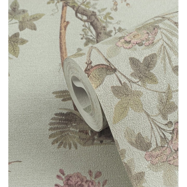 Papel pintado árboles y pájaros fondo textura textil verde celadón - Zalaya Etude 684814