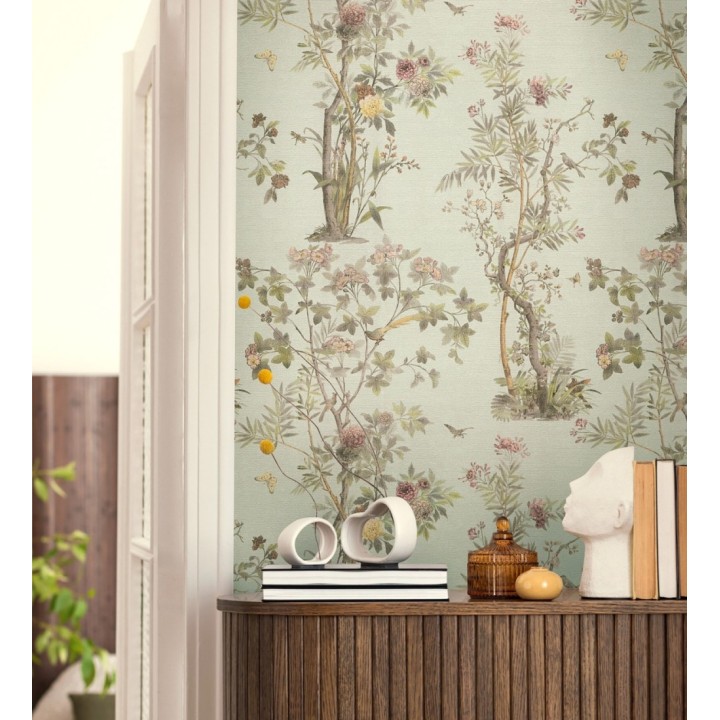 Papel pintado árboles y pájaros fondo textura textil verde celadón - Zalaya Etude 684814