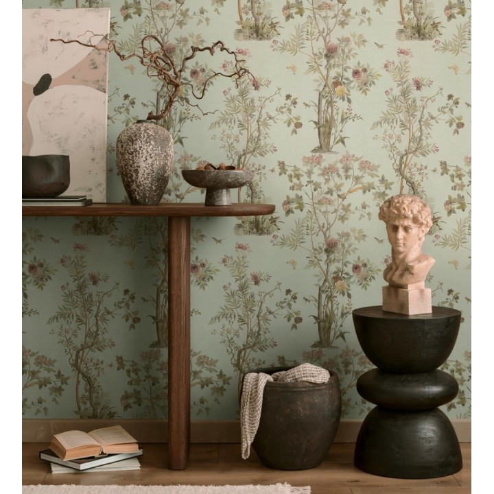 Papel pintado árboles y pájaros fondo textura textil verde celadón - Zalaya Etude 684814