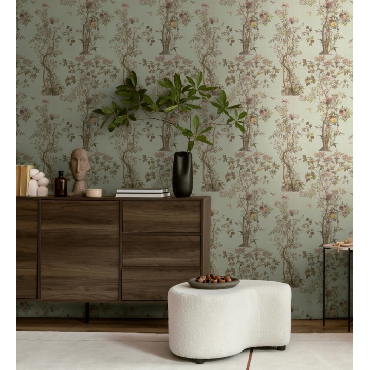 Papel pintado árboles y pájaros fondo textura textil verde celadón - Zalaya Etude 684814