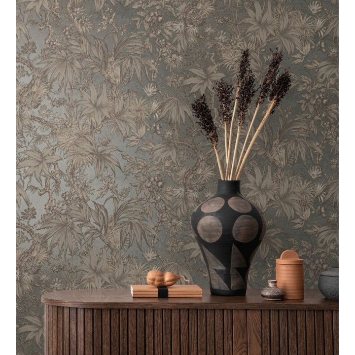 Papel pintado selva sepia elegante fondo níquel texturizado - Hanoi Botanic 684819