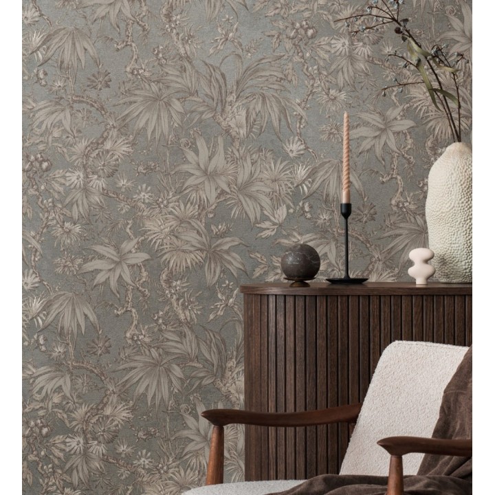 Papel pintado selva sepia elegante fondo níquel texturizado - Hanoi Botanic 684819