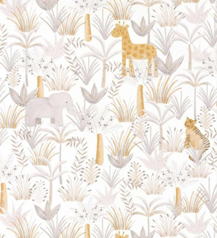 Papel pintado infantil elefantes, tigres y jirafas en la vegetación - Little Zoo 126628