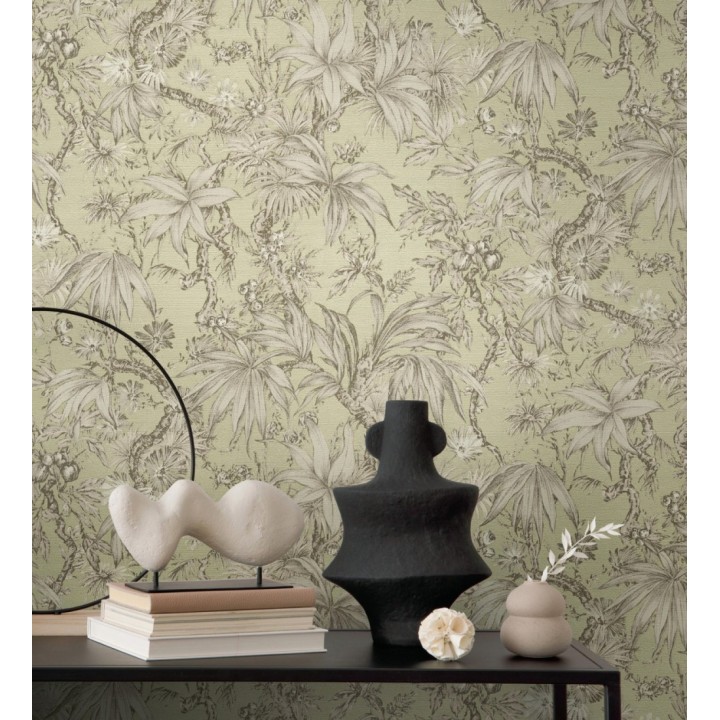 Papel pintado selva sepia elegante fondo bronce verdoso texturizado - Hanoi Botanic 684821