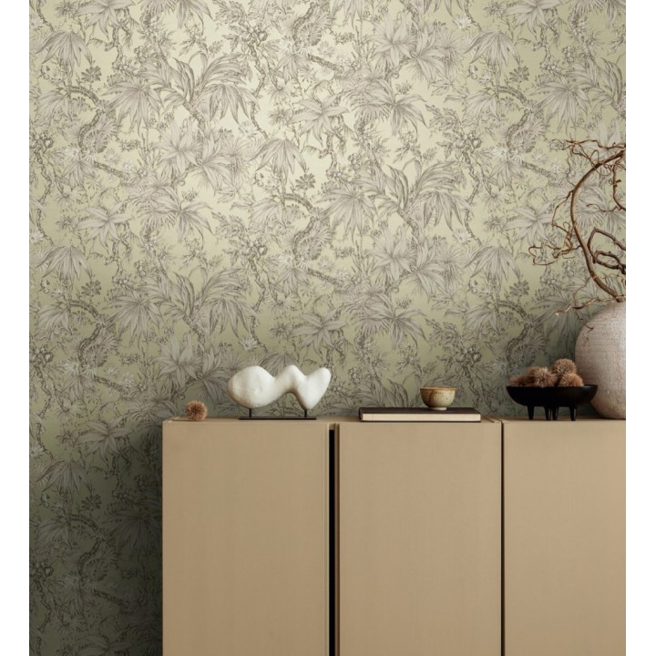 Papel pintado selva sepia elegante fondo bronce verdoso texturizado - Hanoi Botanic 684821