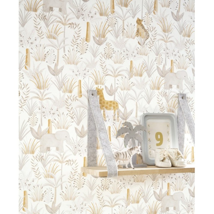 Papel pintado infantil elefantes, tigres y jirafas en la vegetación - Little Zoo 126628