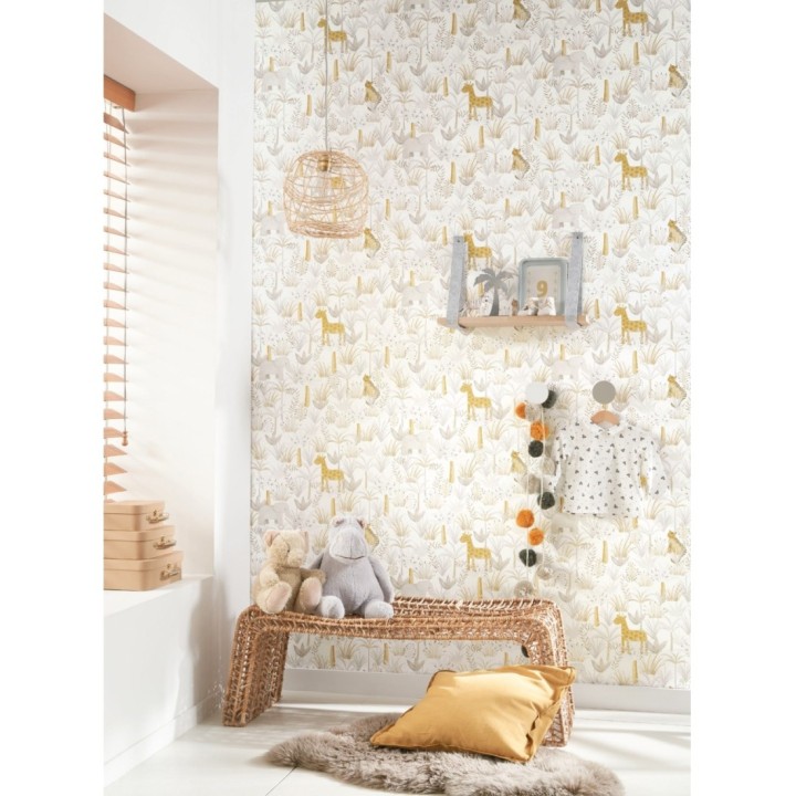 Papel pintado infantil elefantes, tigres y jirafas en la vegetación - Little Zoo 126628