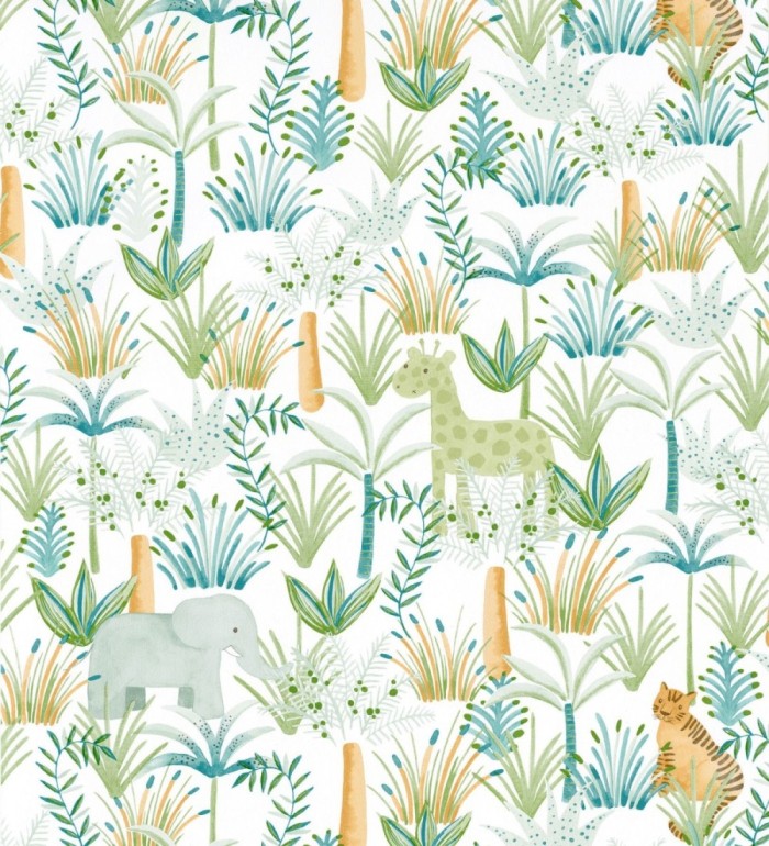 Papel pintado infantil elefantes, tigres y jirafas en la vegetación - Little Zoo 126629