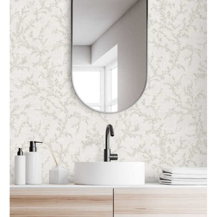 Papel pintado ramas sutiles color gris claro verdoso sobre textil - Margot Delicate 684830