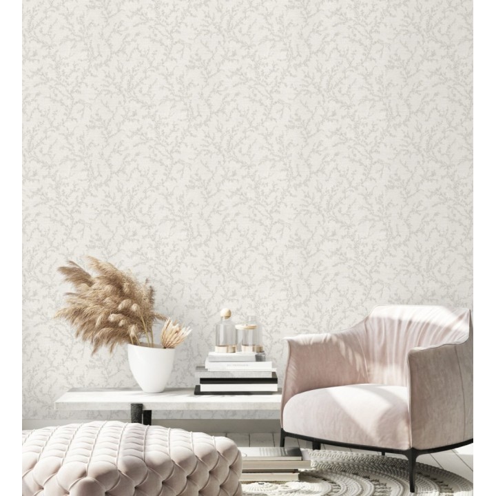 Papel pintado ramas sutiles color gris claro verdoso sobre textil - Margot Delicate 684830