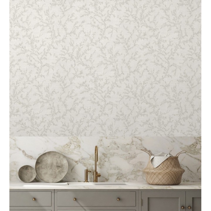Papel pintado ramas sutiles color gris claro verdoso sobre textil - Margot Delicate 684830