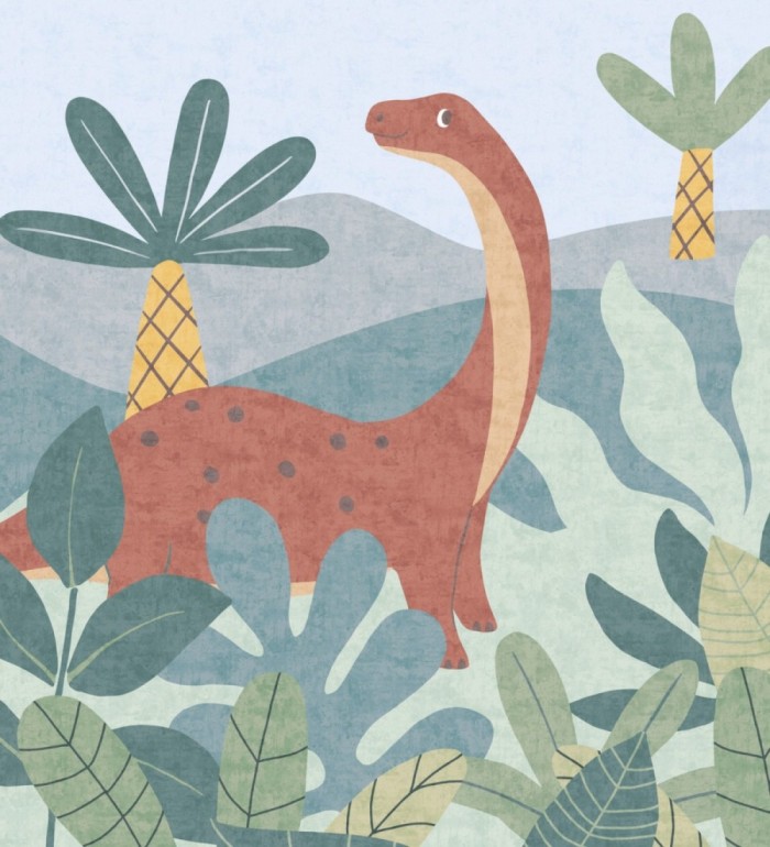 Papel pintado mural diplodocus entre palmeras del jurásico estilo infantil - Diplo Playful 684833