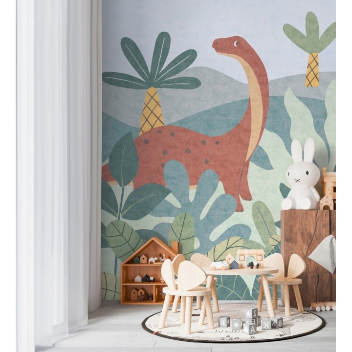 Papel pintado mural diplodocus entre palmeras del jurásico estilo infantil - Diplo Playful 684833
