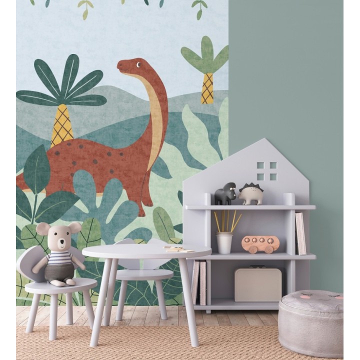 Papel pintado mural diplodocus entre palmeras del jurásico estilo infantil - Diplo Playful 684833