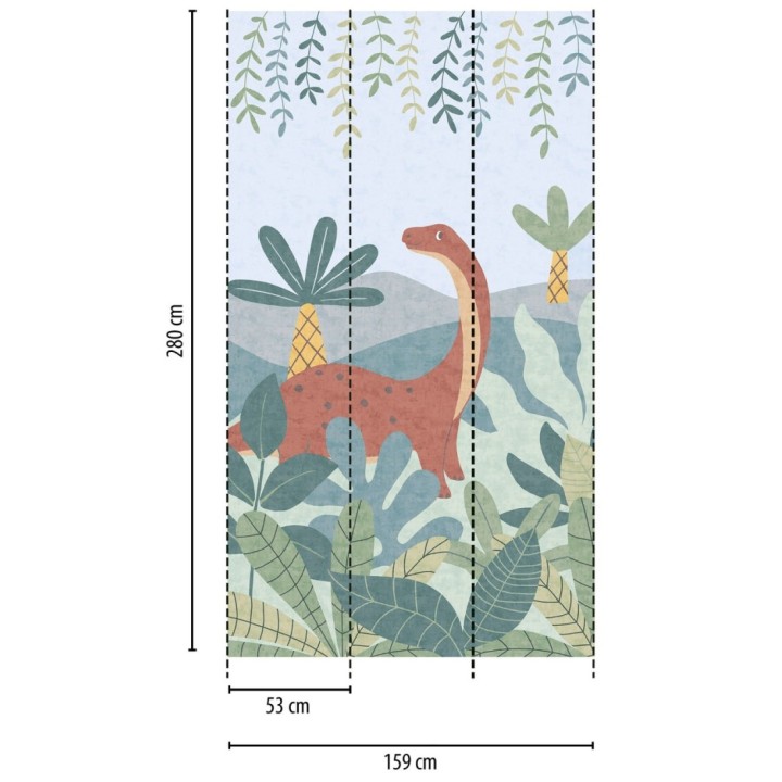 Papel pintado mural diplodocus entre palmeras del jurásico estilo infantil - Diplo Playful 684833