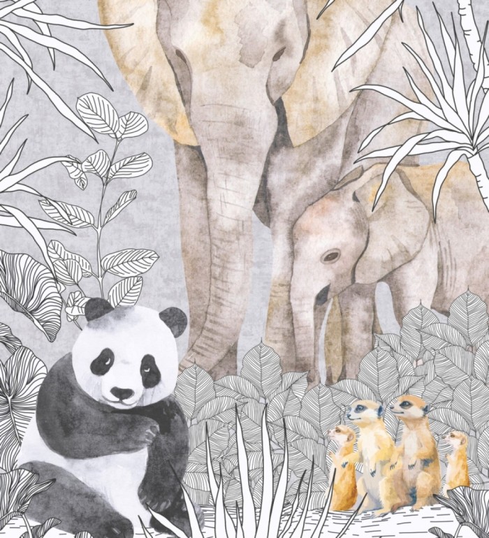 Papel pintado mural de safari con pandas elefantes y suricatas - Zoo Sweet 684837