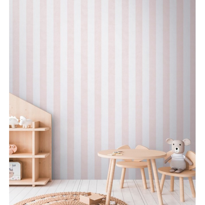 Papel pintado rayas lino desgastado bebé suave en color rosa - Strype Cloudy 684843