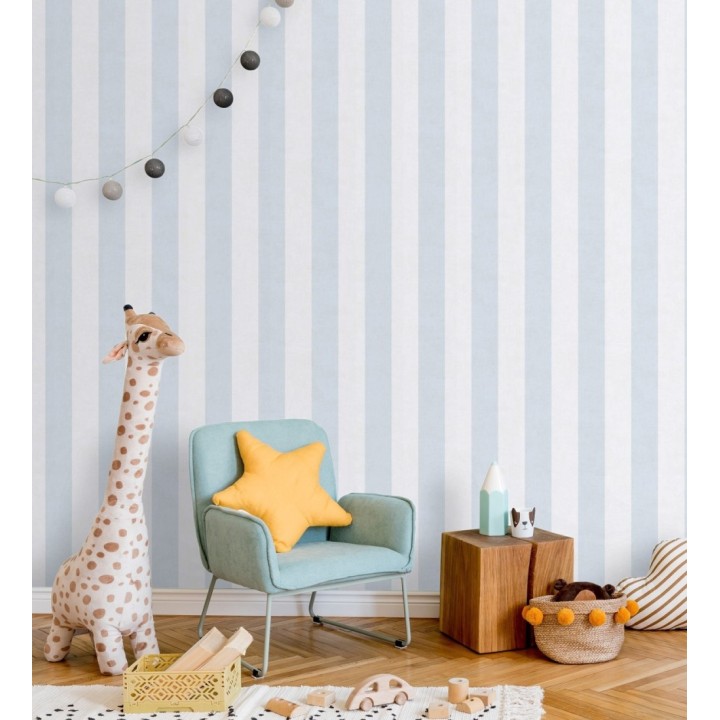 Papel pintado rayas lino desgastado bebé suave en color celeste - Strype Cloudy 684845