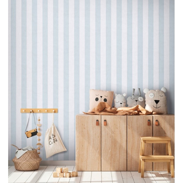 Papel pintado rayas lino desgastado bebé suave en color celeste - Strype Cloudy 684845